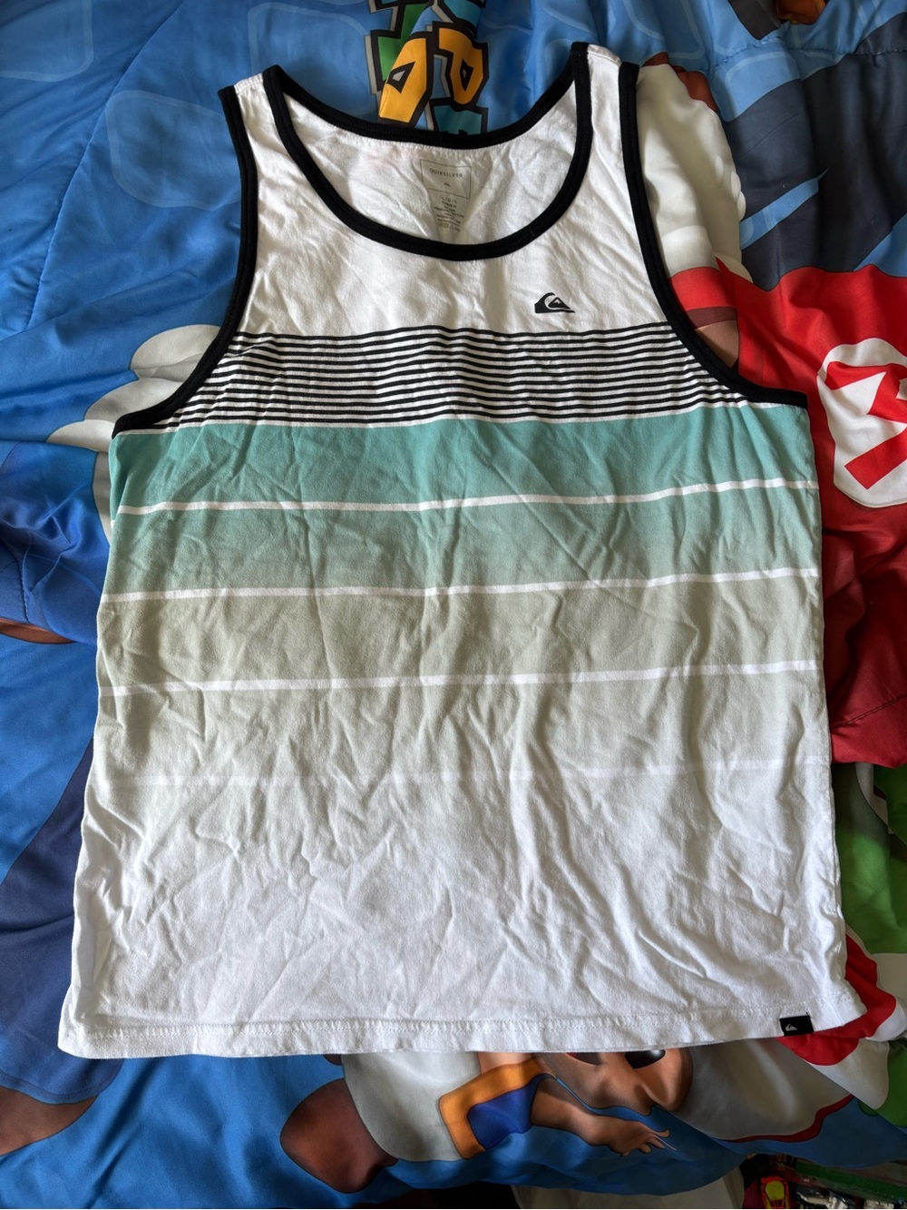 Quiksilver Men’s White & Teal Stripe Tank Top